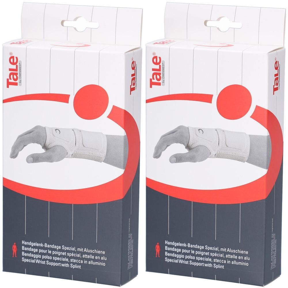 Zwei Packungen Handgelenkbandage mit Aluminiumschiene, weiß, mit rotem Designelement.