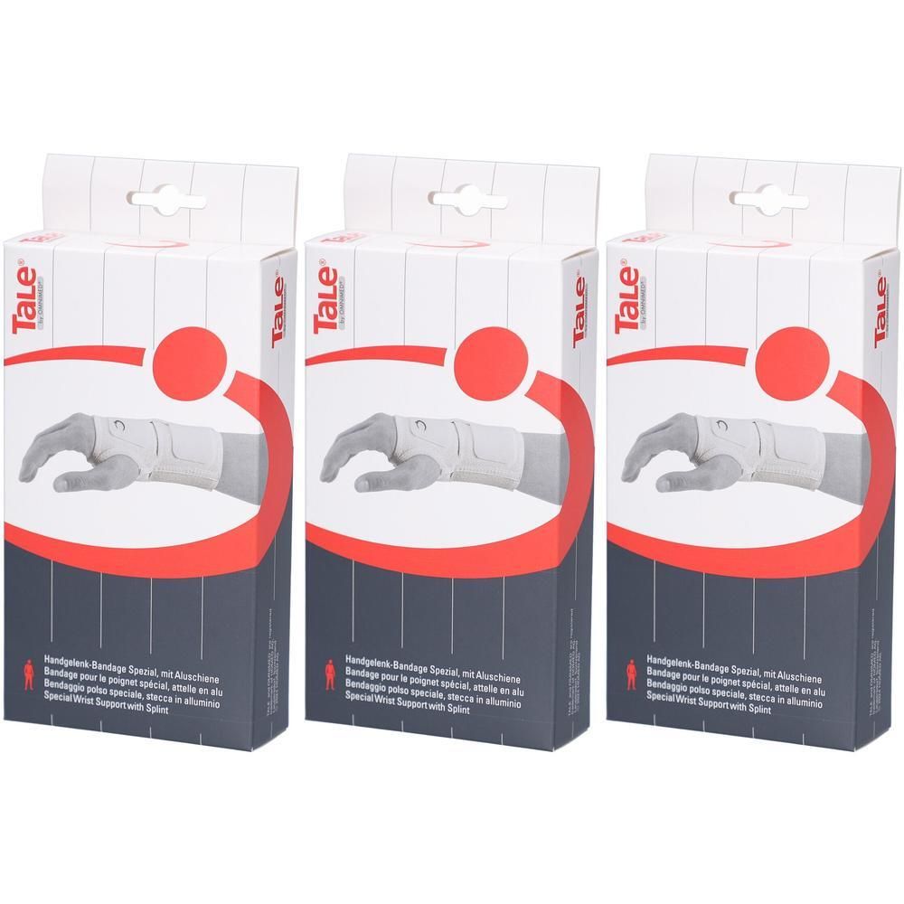Drei Packungen der Tale Handgelenkbandage mit Aluminiumschiene, die eine Hand stützen.