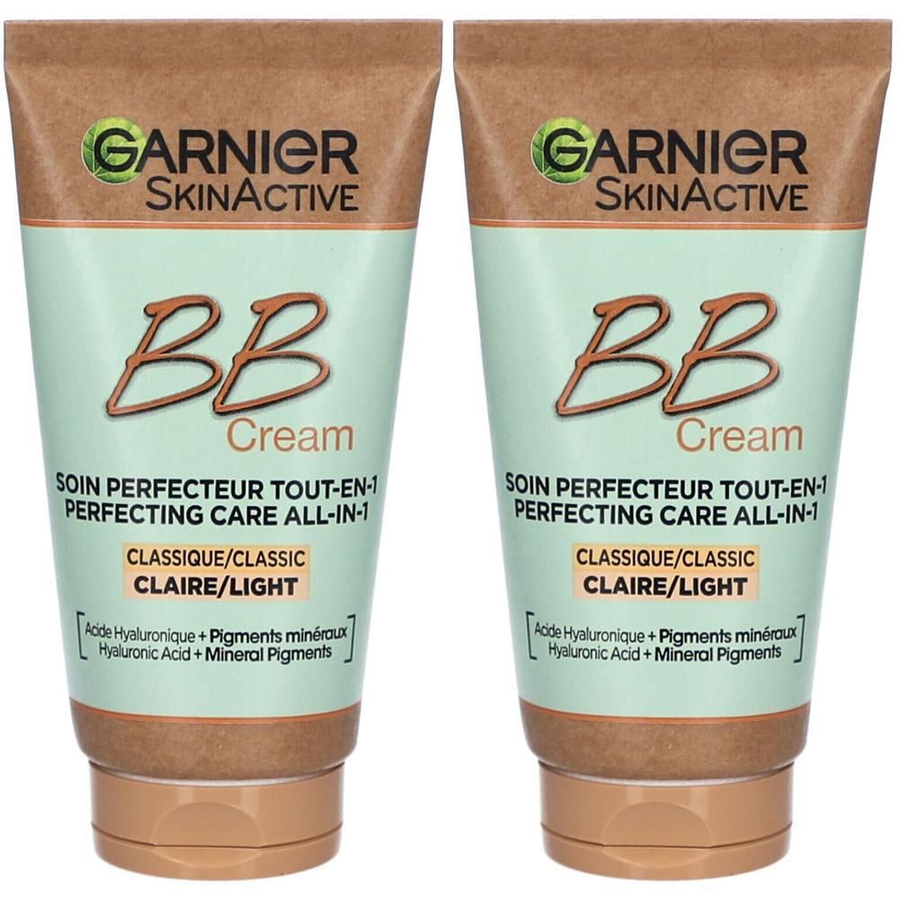 Zwei Tuben Garnier SkinActive BB Cream. Aufschrift: Claire/Light. Enthält Hyaluronsäure und Mineralpigmente. Beige und hellgrüne Verpackung.