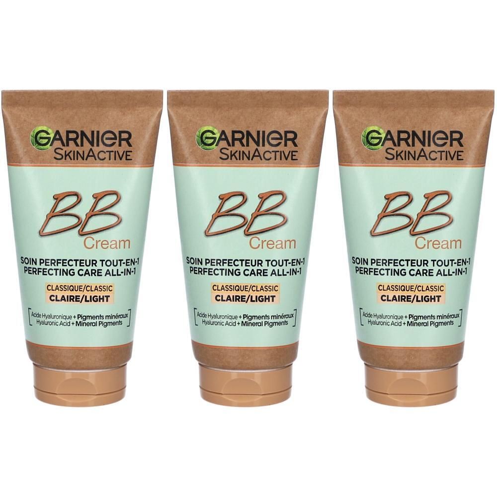Drei Garnier BB Cream Tuben für helle Haut, "Perfecting Care All-in-1".