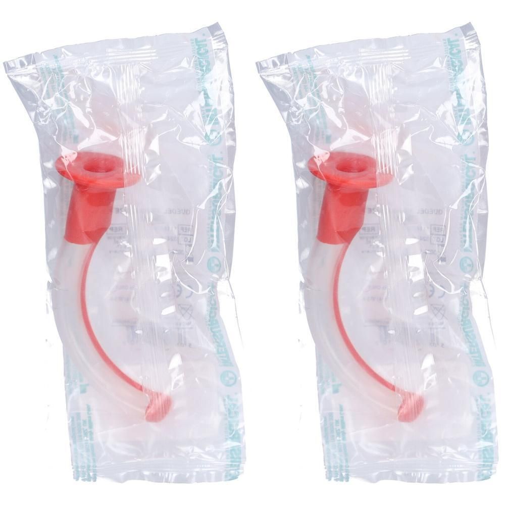 Deux tubes de Guedel emballés individuellement. Embout rouge, tube transparent. Emballage plastique.