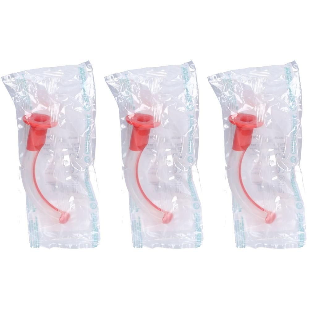Trois tubes de Guedel rouges et transparents, emballés individuellement. La forme incurvée et l'embout rouge sont visibles.