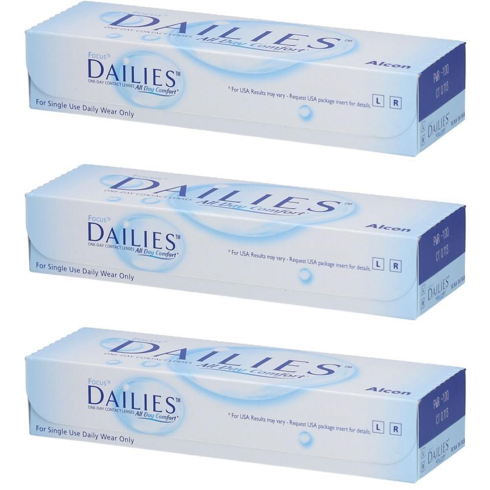 Drei Packungen FOCUS DAILIES All Day Comfort Tageslinsen. Einzeln verwendbar.