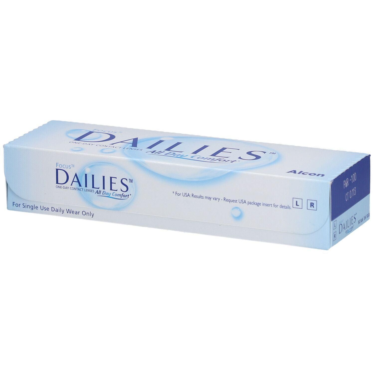 Verpackung FOCUS DAILIES All Day Comfort Tageslinsen. Enthält Linsen für links und rechts.