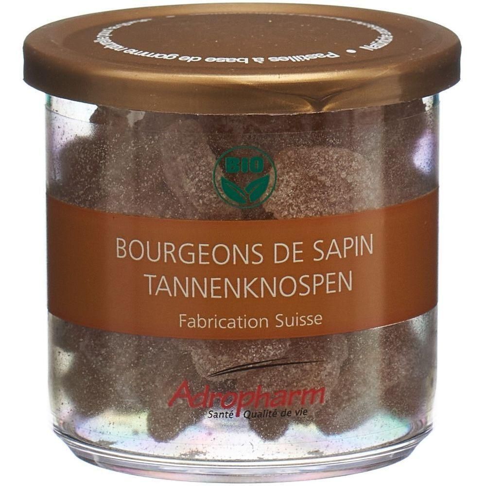 Glas mit braunen Pastillen. Aufschrift: Bourgeons de Sapin, Tannenknospen. Braunes Etikett, goldener Deckel. Agropharm Logo.