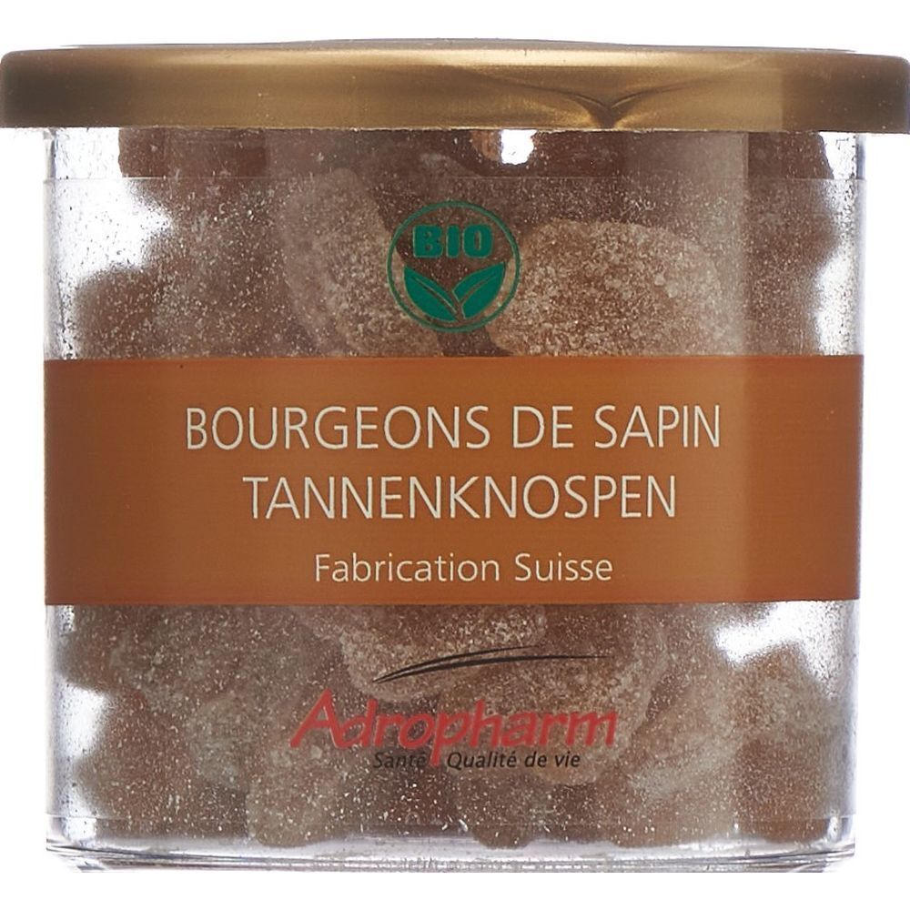 Glas mit braunen Pastillen. Aufschrift: Bourgeons de Sapin, Tannenknospen. Braunes Etikett, goldener Deckel. Bio-Siegel, Agropharm Logo.