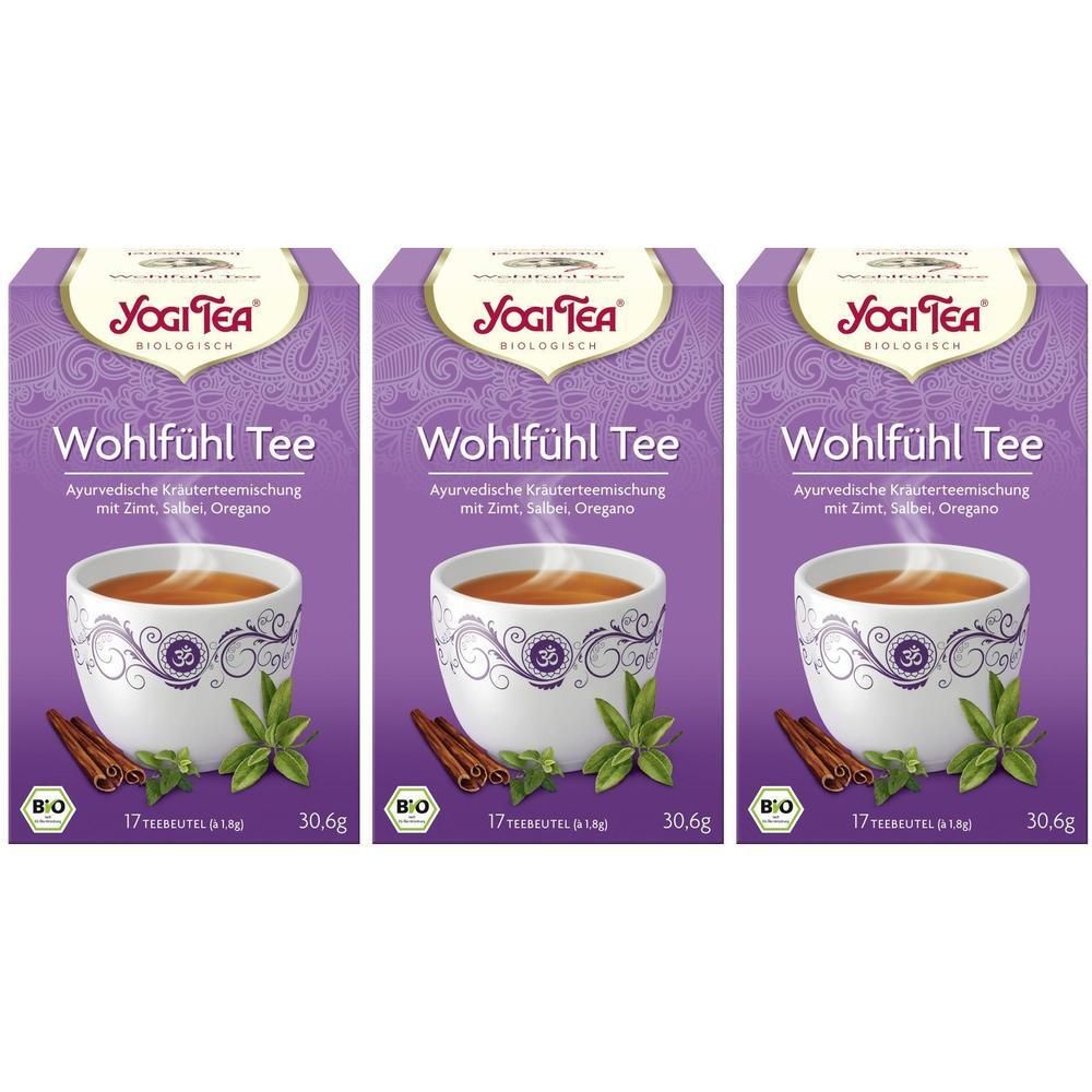 Drei Packungen Yogi Tee Wohlfühl Tee. Lila Verpackung mit Logo und Abbildung einer Tasse Tee. Bio-Siegel.
