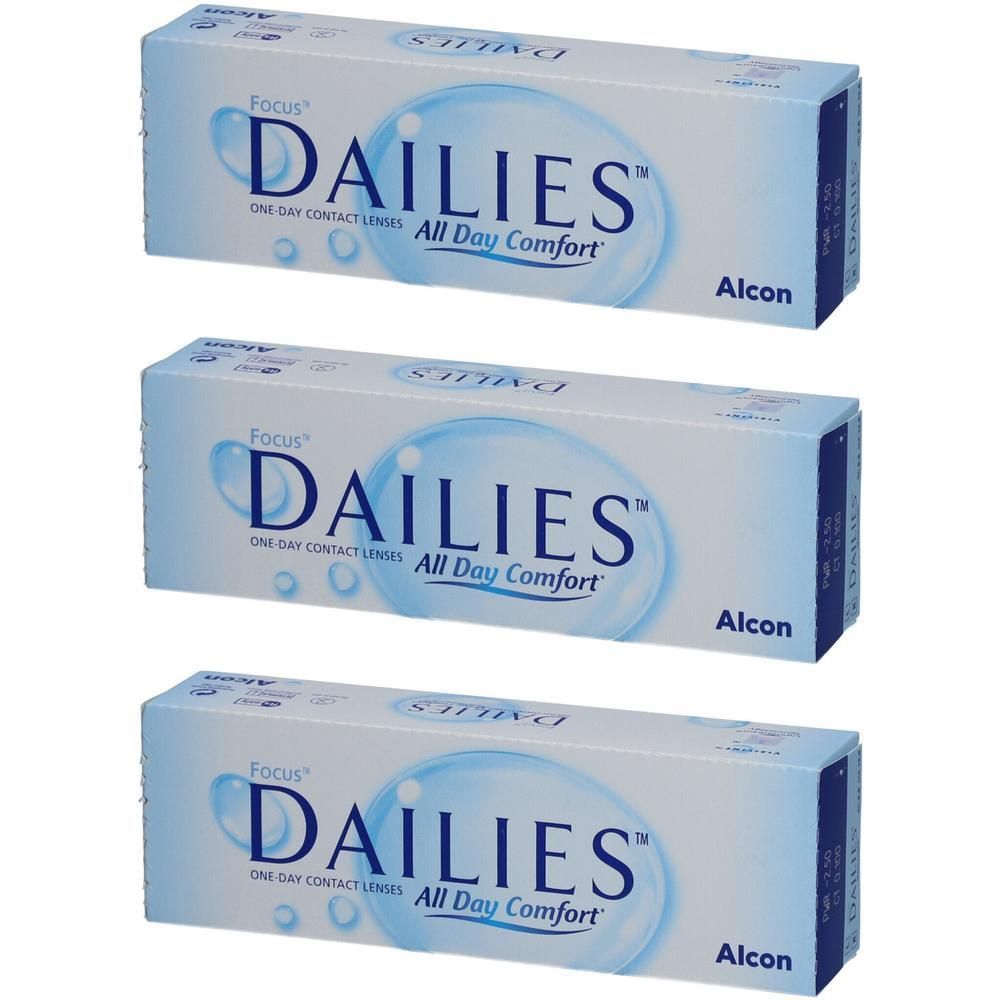 Drei Packungen Alcon Focus Dailies All Day Comfort Ein-Tages-Kontaktlinsen.