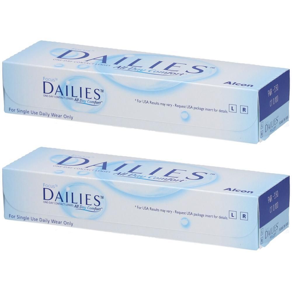 Deux boîtes de lentilles de contact journalières FOCUS DAILIES All Day Comfort. Emballage bleu et blanc avec informations produit.