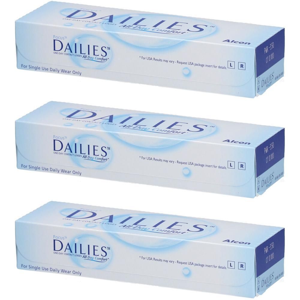 Trois boîtes de lentilles de contact journalières FOCUS DAILIES All Day Comfort. Emballage bleu avec texte blanc.