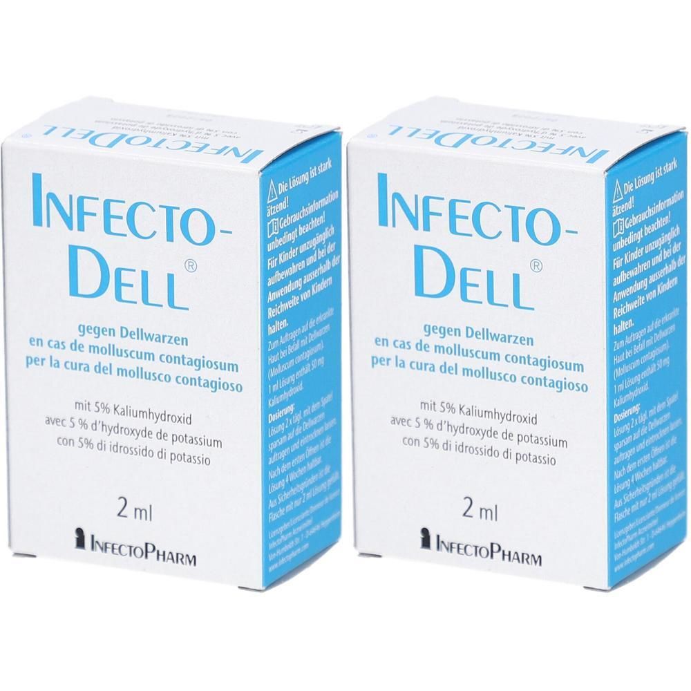 Zwei weiße Kartons mit blauer Schrift. Aufschrift: INFECTO-DELL, gegen Dellwarzen. 2 ml. Marke: Infectopharm.