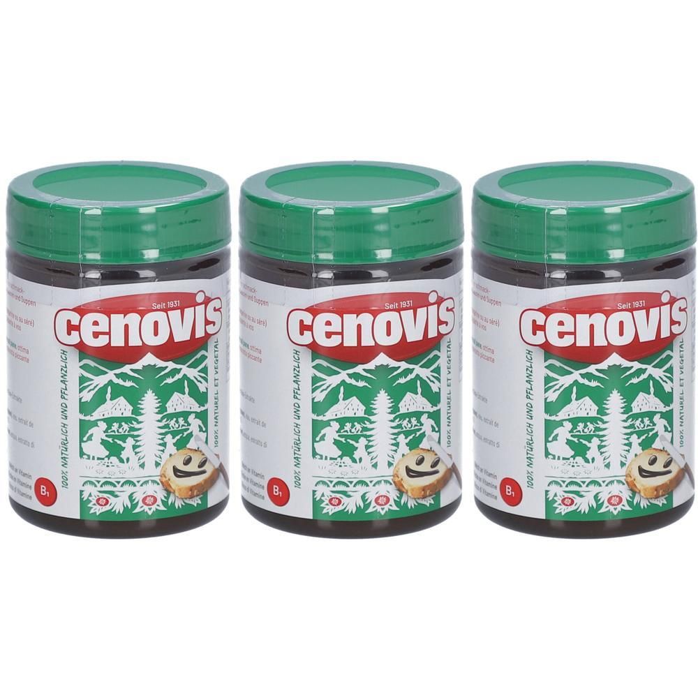 Drei Gläser CENOVIS Brotaufstrich mit grünem Deckel. Aufschrift CENOVIS und Logo. 100% natürlich und pflanzlich.