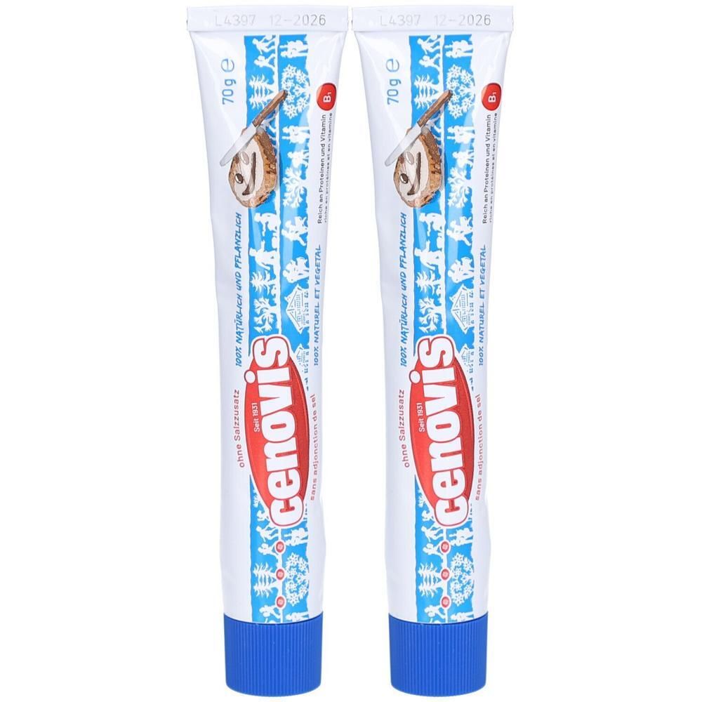 Zwei Tuben CENOVIS Brotaufstrich. Weiße Tuben mit blauem Muster und roter Schrift. Aufschrift: ohne Salz, 70g.