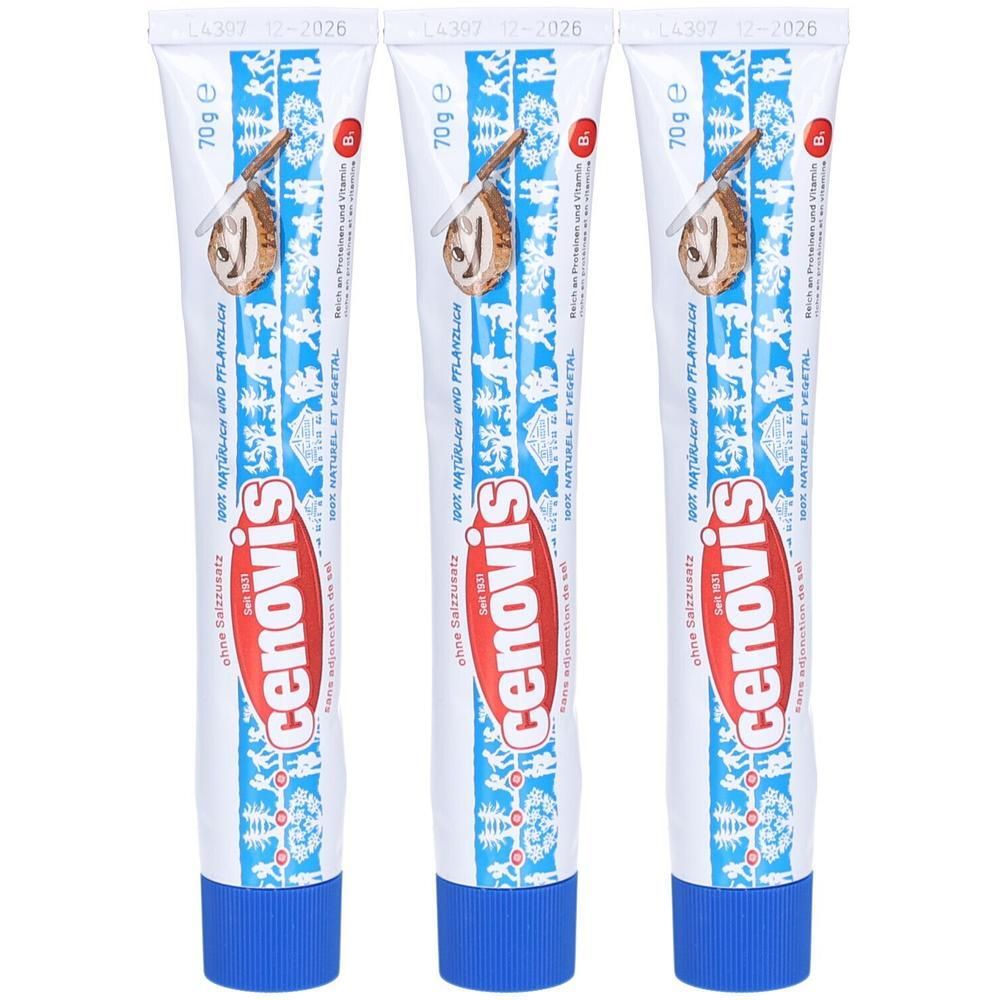 Drei Tuben CENOVIS Brotaufstrich. Weiße Tuben mit blauem Muster und rotem Logo. Aufschrift: ohne Salz, 70g.