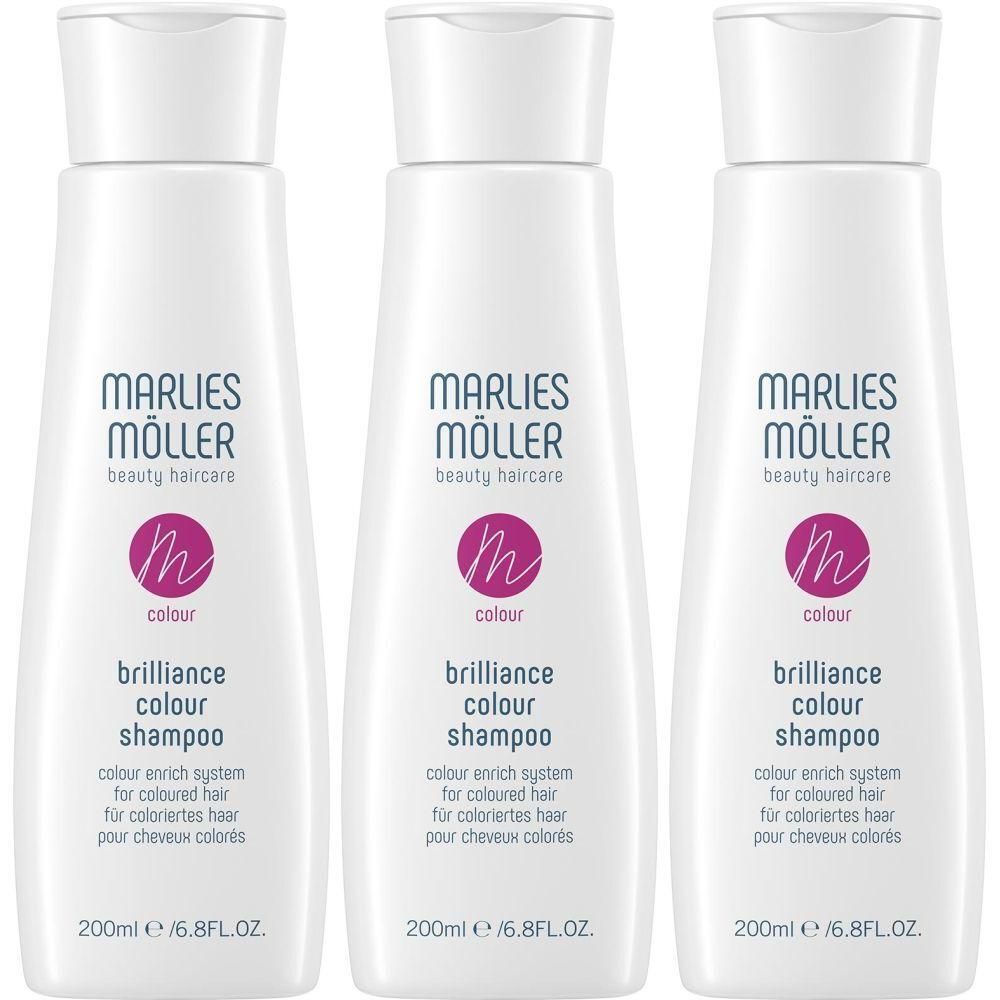 Drei weiße Flaschen MÖLLER Brilliance Colour Shampoo. Auf jeder Flasche steht der Markenname und Produktbezeichnung. 200ml / 6.8FL.OZ.