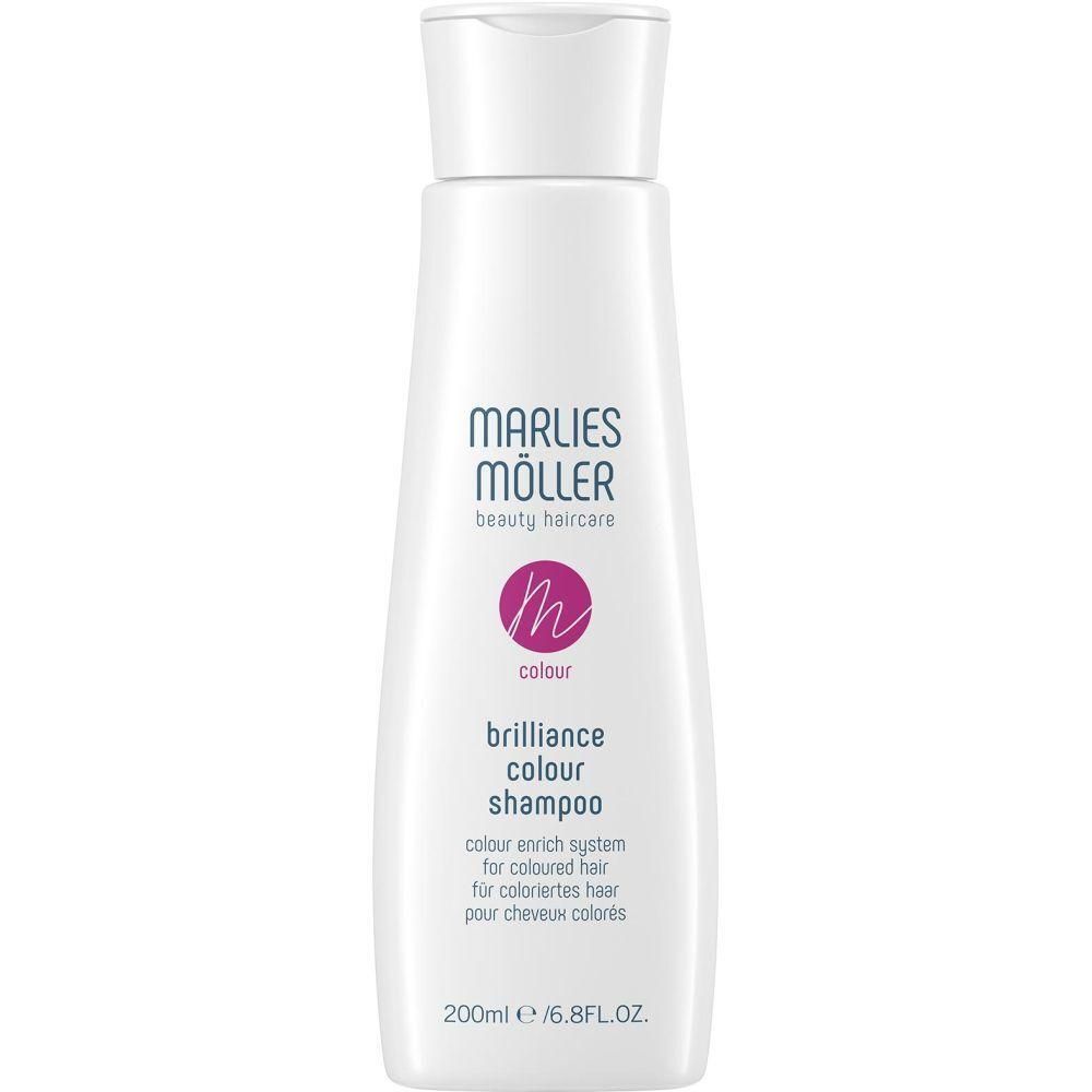 Weiße Flasche mit Shampoo. Aufschrift: Marlies Möller, Brilliance Colour Shampoo. Für coloriertes Haar. 200ml/6.8FL.OZ.