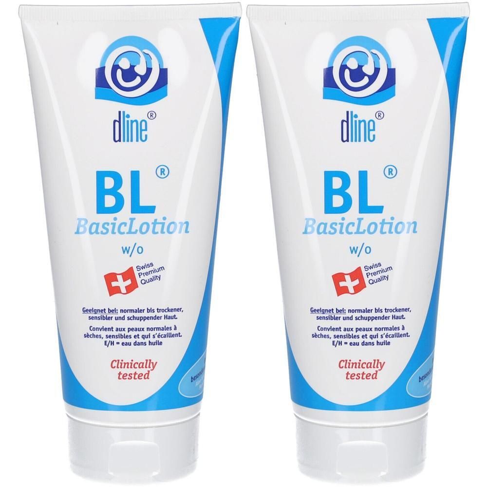 Deux tubes de lotion blanche. On peut lire "dline BL BasicLotion" sur chaque tube. Croix suisse et "Clinically tested" sont également visibles.