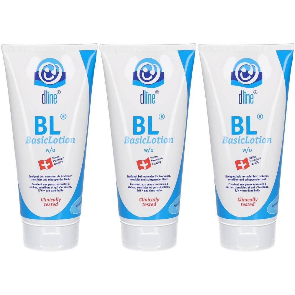 Trois tubes de lotion. Tubes blancs avec design bleu. Inscription : dline BL BasicLotion w/o, croix suisse, Clinically tested.