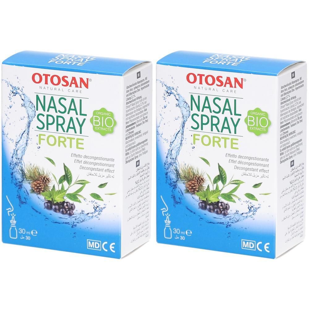 Zwei Kartons OTOSAN Nasenspray Forte. Blaue Verpackung mit Produktnamen und Bio-Zertifizierung. MD CE-Kennzeichnung.