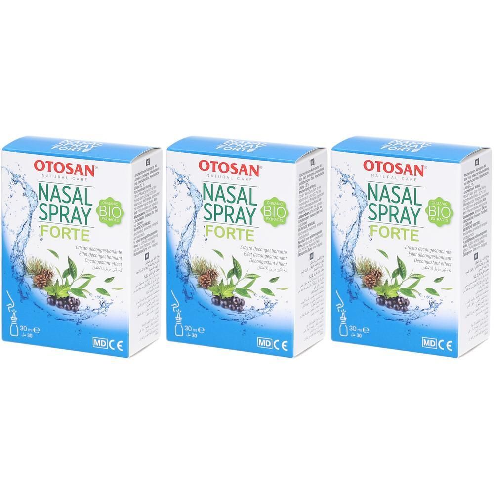 Drei Schachteln mit Nasenspray. Auf jeder Schachtel steht "OTOSAN NASAL SPRAY FORTE BIO". Die Verpackung zeigt eine blaue Wasserillustration.