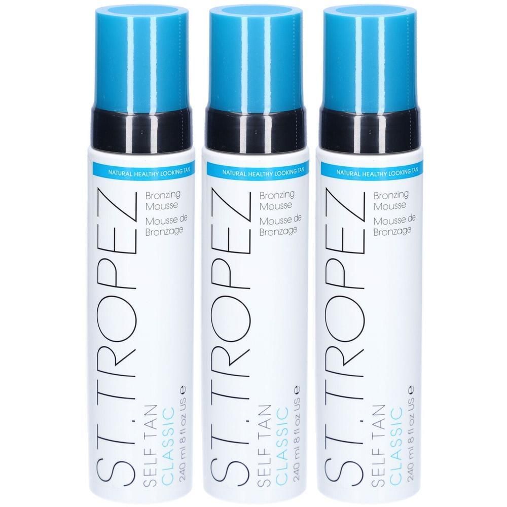Trois flacons de mousse bronzante St. Tropez Self Tan Classic avec bouchons bleus.