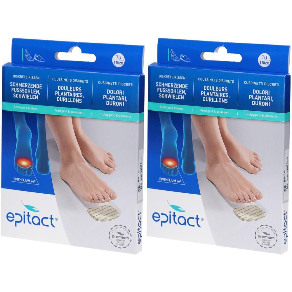 Deux paquets de coussinets Epitact pour l'avant-pied. Montre des pieds avec points de douleur et coussinets.