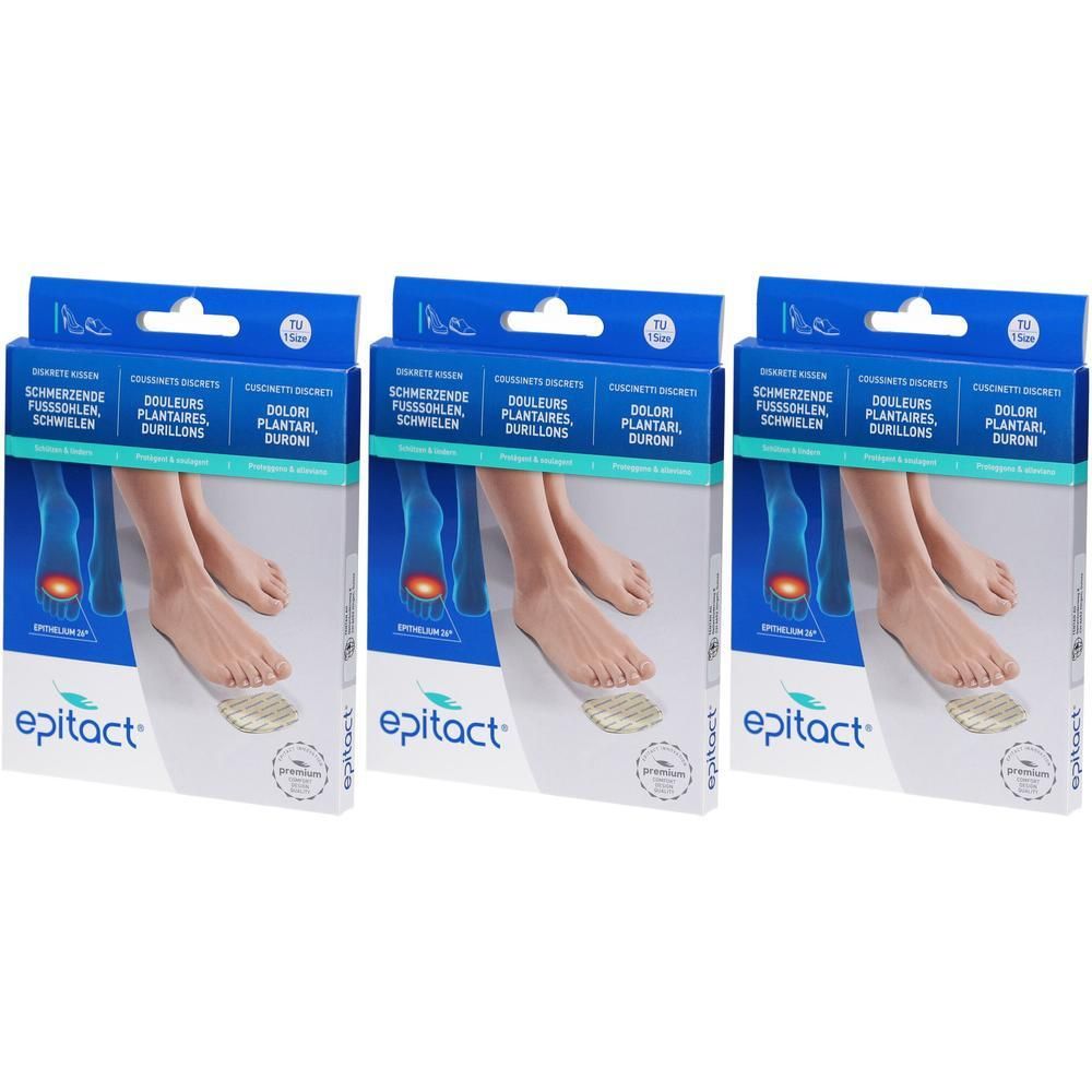 Trois paquets de coussinets Epitact pour l'avant-pied contre la douleur et les callosités. Montre des pieds avec des coussinets sous l'avant-pied.