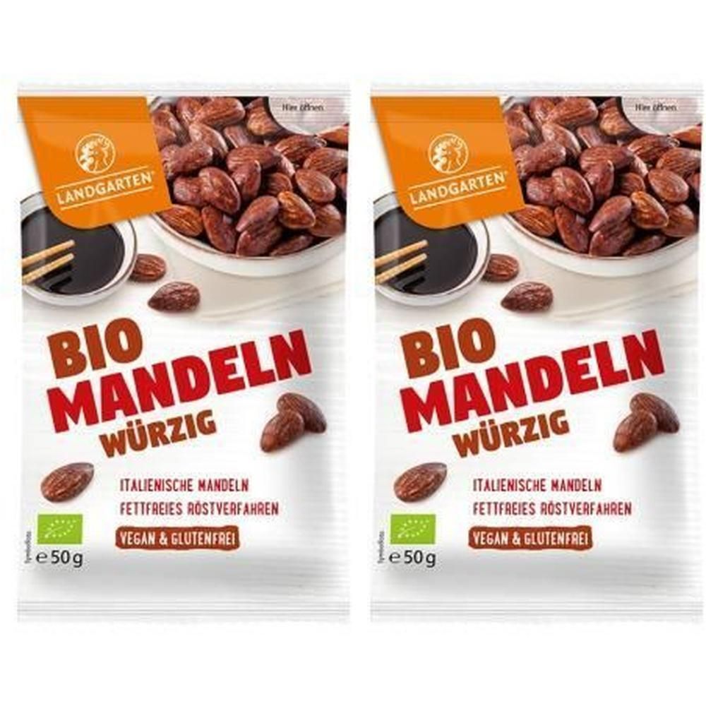 Zwei Beutel LANDGARTEN Bio Mandeln. Aufschrift: BIO MANDELN WÜRZIG, italienische Mandeln, fettfreies Röstverfahren, vegan & glutenfrei.