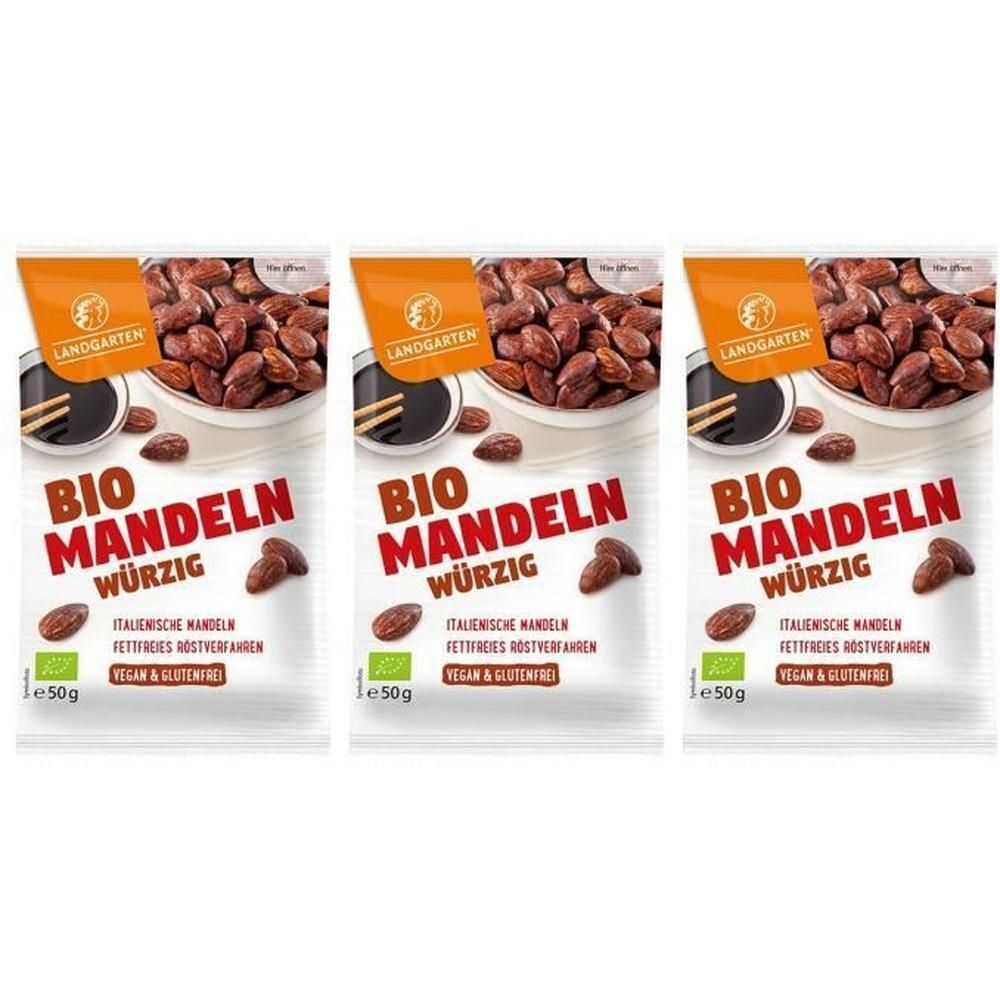 Drei Beutel LANDGARTEN Bio Mandeln würzig. Weiße Verpackung mit Produktnamen, Logo und Zutatenangaben. Vegan und glutenfrei.