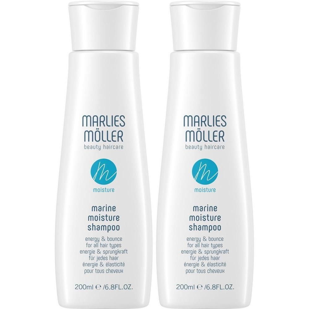Zwei weiße Flaschen mit Shampoo. Aufschrift: Marlies Möller, marine moisture shampoo. 200ml / 6.8FL.OZ.