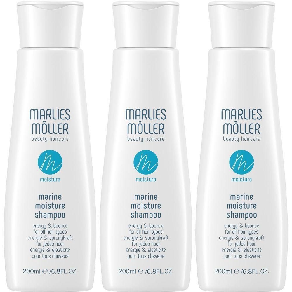 Drei weiße Flaschen mit Shampoo. Auf jeder Flasche steht "Marlies Möller" und "marine moisture shampoo".