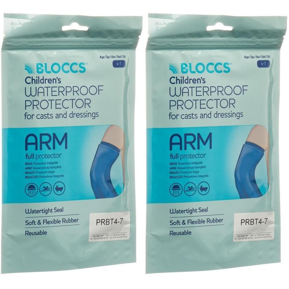 Deux paquets de protège-bras imperméables BLOCCS pour enfants, bleus, souples et réutilisables.