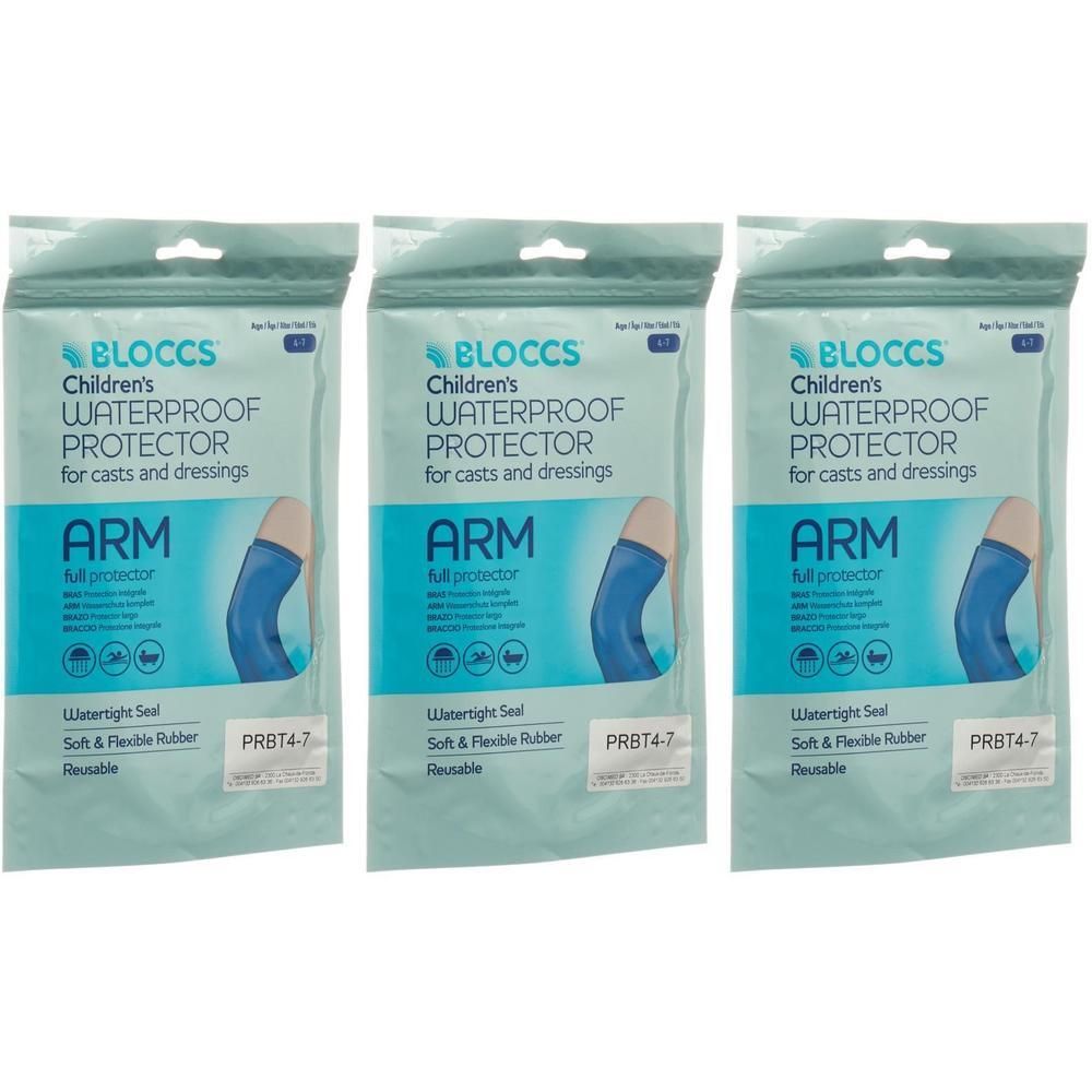 Trois paquets de protection de bras imperméable BLOCCS pour enfants. Bleu, souple, flexible, réutilisable.