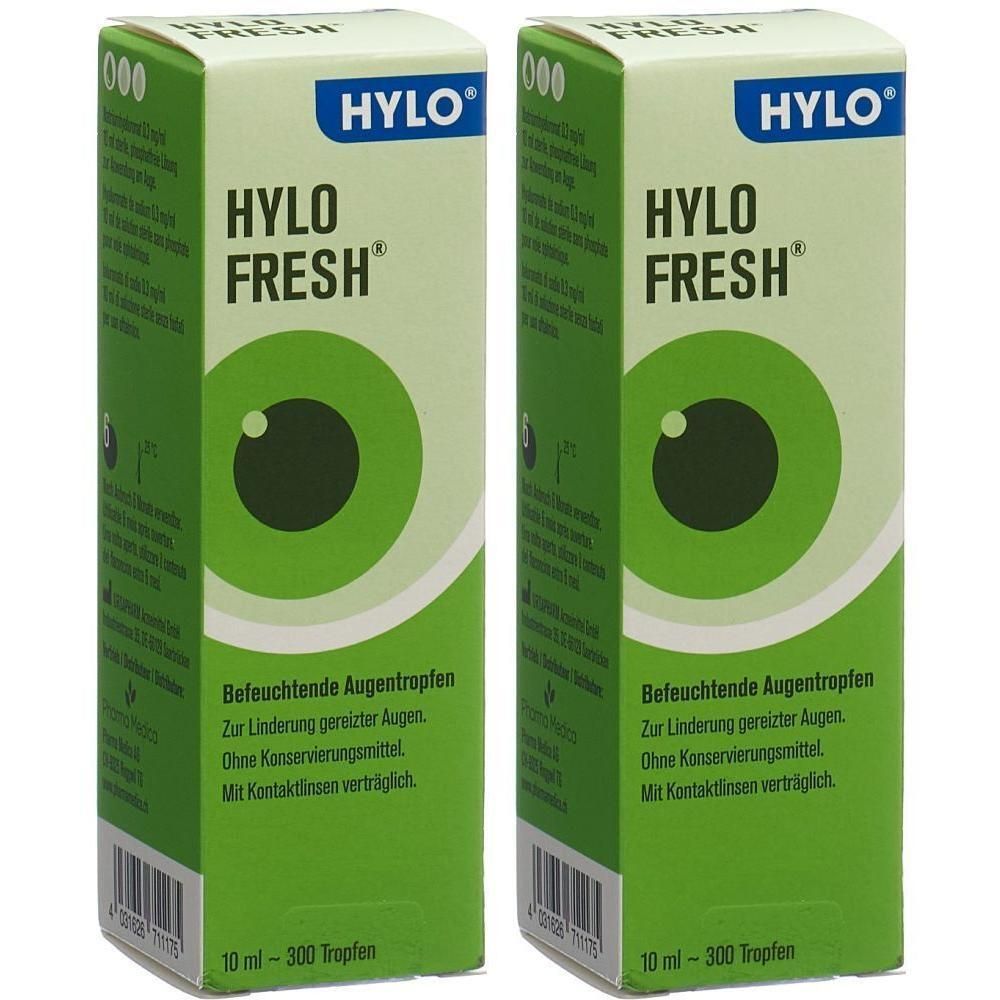 Zwei Schachteln HYLO FRESH Augentropfen mit grüner Augen-Illustration. 10ml - 300 Tropfen.