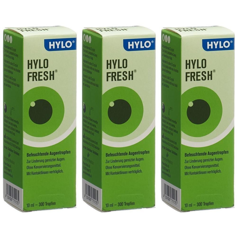 Drei Schachteln HYLO FRESH Augentropfen mit grüner Augenillustration und HYLO Logo.
