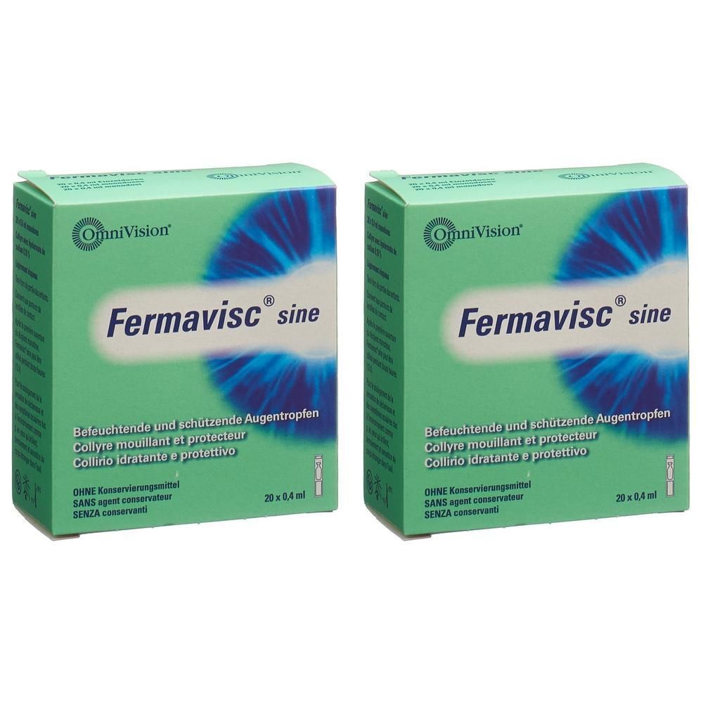 Deux boîtes de gouttes oculaires Fermavisc sine, hydratantes et protectrices, sans conservateurs.