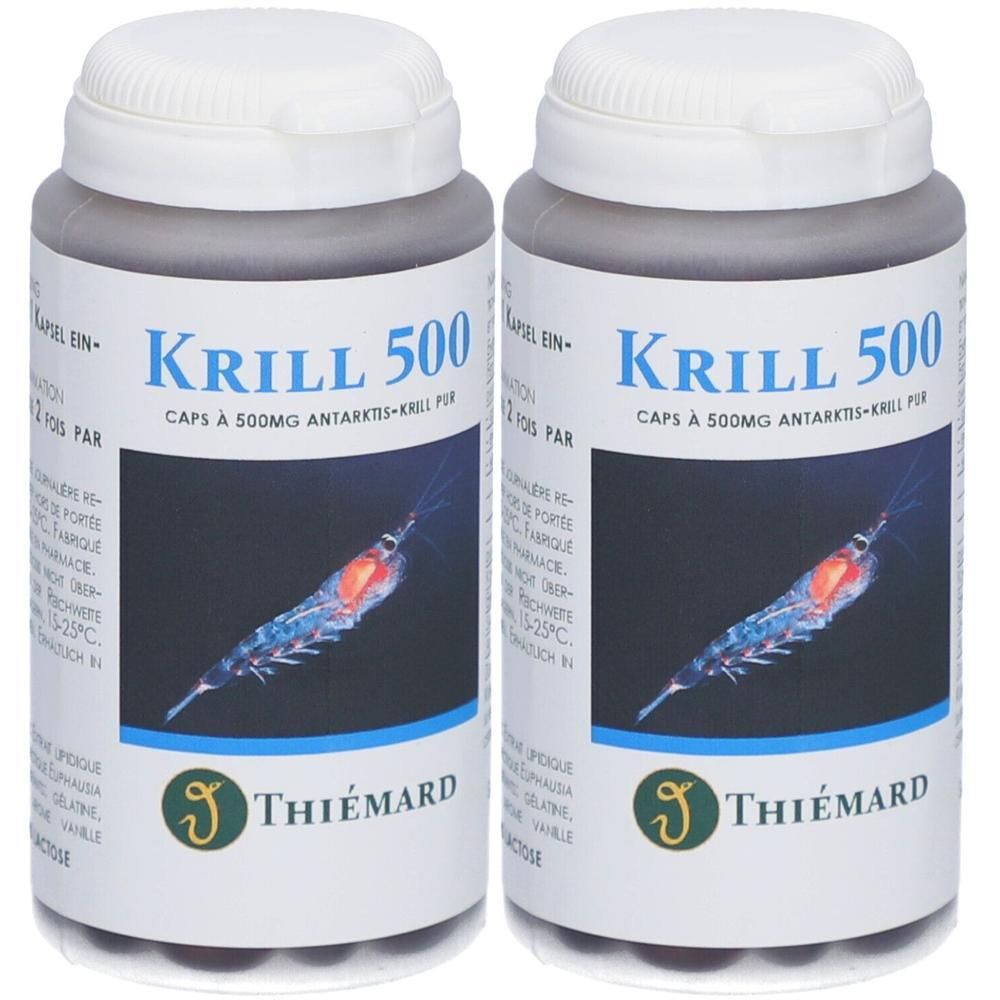 Zwei Flaschen mit weißem Deckel. Aufschrift: Krill 500, Caps à 500mg. Marke: Thiemard. Abbildung eines Krills.