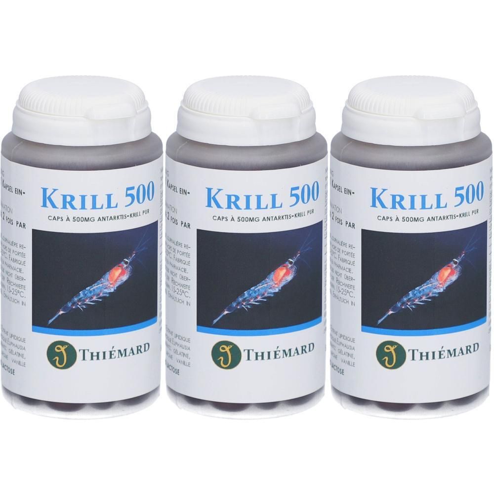 Drei Flaschen mit weißem Deckel. Aufschrift: Krill 500, Caps a 500mg Antarktis-Krill pur. Logo: Thiemard.