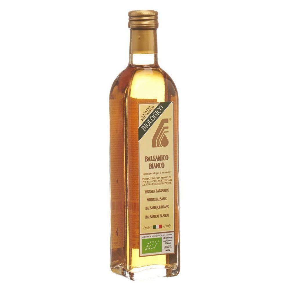 Bouteille en verre avec bouchon doré. Étiquette 'Balsamico Bianco'. Label bio.