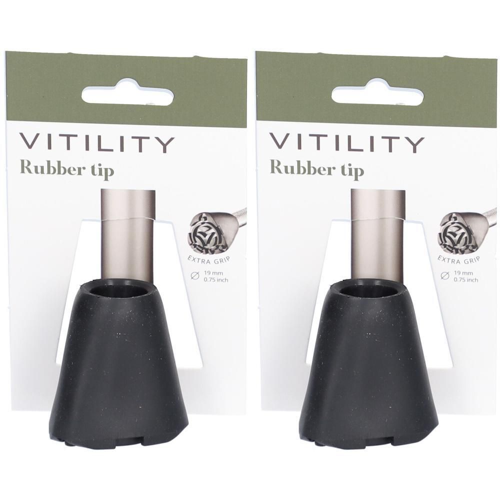 Deux embouts noirs pour canne. L'emballage indique VITILITY Rubber tip, 19 mm. Extra Grip.