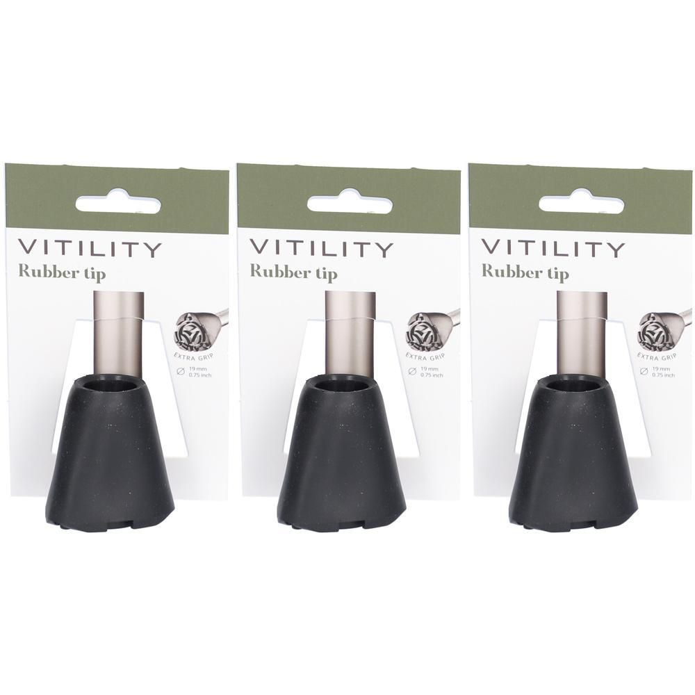 Drei schwarze Stockkapseln mit Verpackung. Auf der Verpackung steht VITILITY Rubber tip. Größe: 18-19mm.