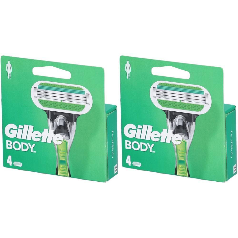 Zwei grüne Verpackungen mit Rasierern. Auf jeder Packung steht "Gillette BODY 4-". Die Rasierer sind teilweise sichtbar.