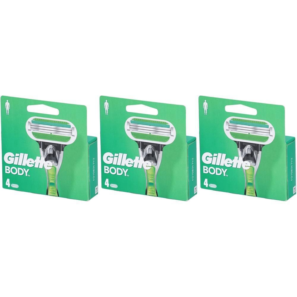 Drei Packungen Rasierklingen. Jede Packung zeigt einen Rasierer mit grünem Griff und Klingen. Aufschrift: Gillette Body, 4.