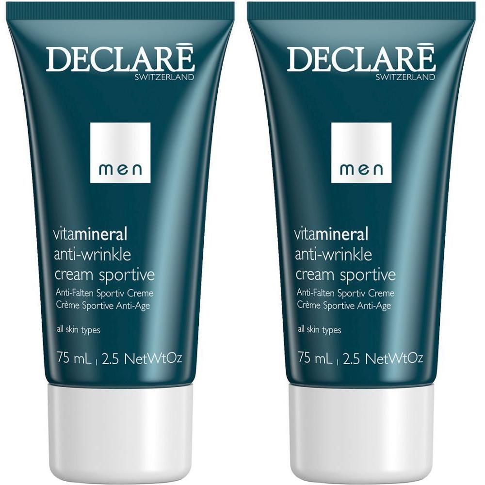 Deux tubes de DECLARE Men Anti-Wrinkle Cream Sportive. Tubes bleus avec bouchons blancs. Inscription: DECLARE, men, Anti-Wrinkle Cream.