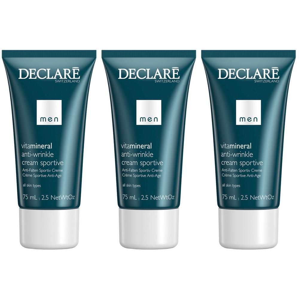 Trois tubes de DECLARE Men Anti-Wrinkle Cream Sportive. Tubes bleus avec bouchon blanc. Texte: DECLARE, men, Anti-Wrinkle Cream Sportive.