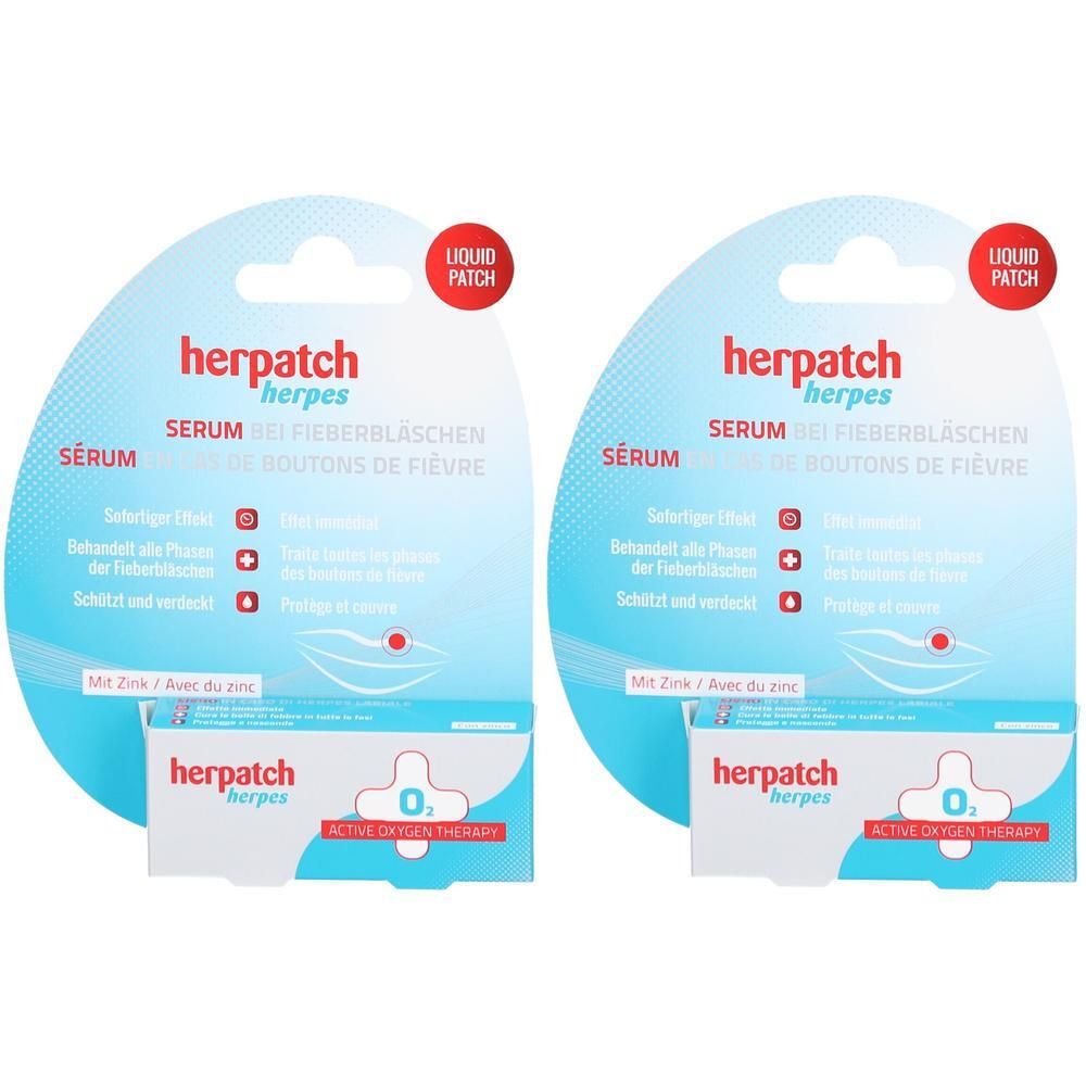 Zwei Packungen HERPATCH Herpes Serum. Jede Packung enthält ein Serum und ist in einer Blisterverpackung mit Produktinformationen verpackt.