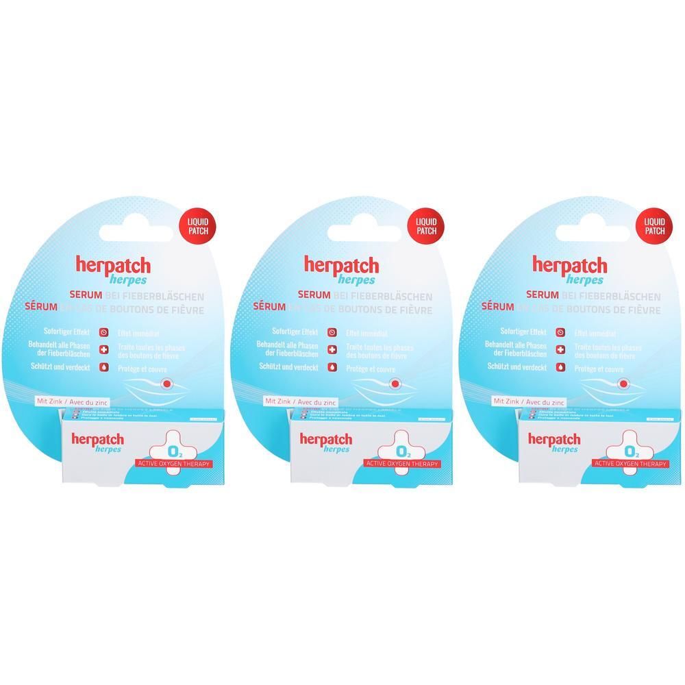 Drei Packungen HERPATCH Herpes Serum. Jede Packung enthält Serum und ist in einer Blisterverpackung mit Produktnamen und Logo.
