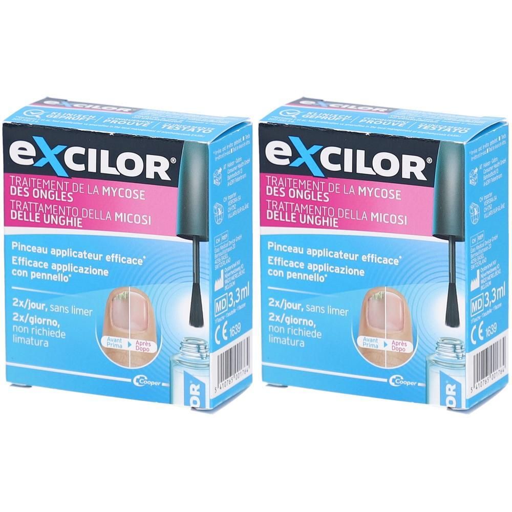 Zwei Schachteln EXCILOR Nagelpilzlösung. Blaue Verpackung mit Produktnamen und Anwendungsdetails. Pinselapplikator und Flasche abgebildet.