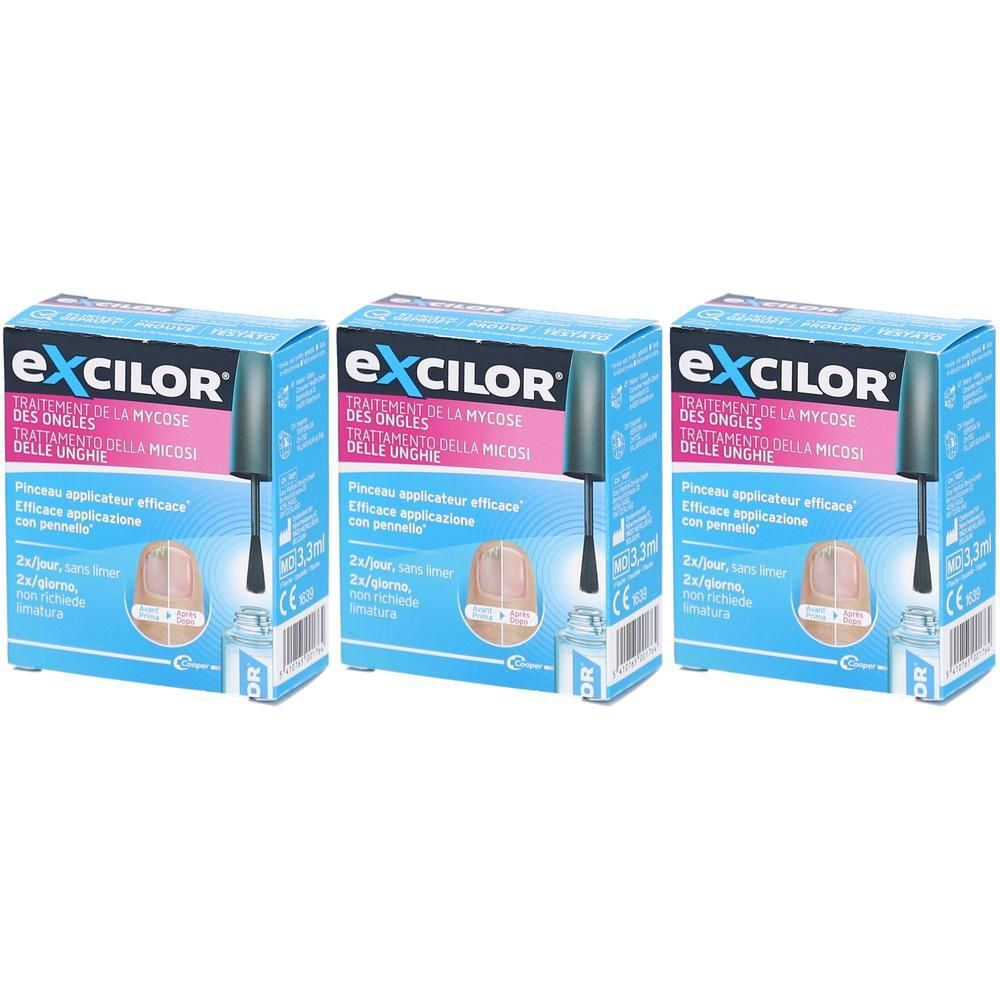 Drei Packungen EXCILOR Nagelpilzlösung. Blaue Schachteln mit Produktabbildung und Text. Enthält Applikator. CE-Kennzeichnung.
