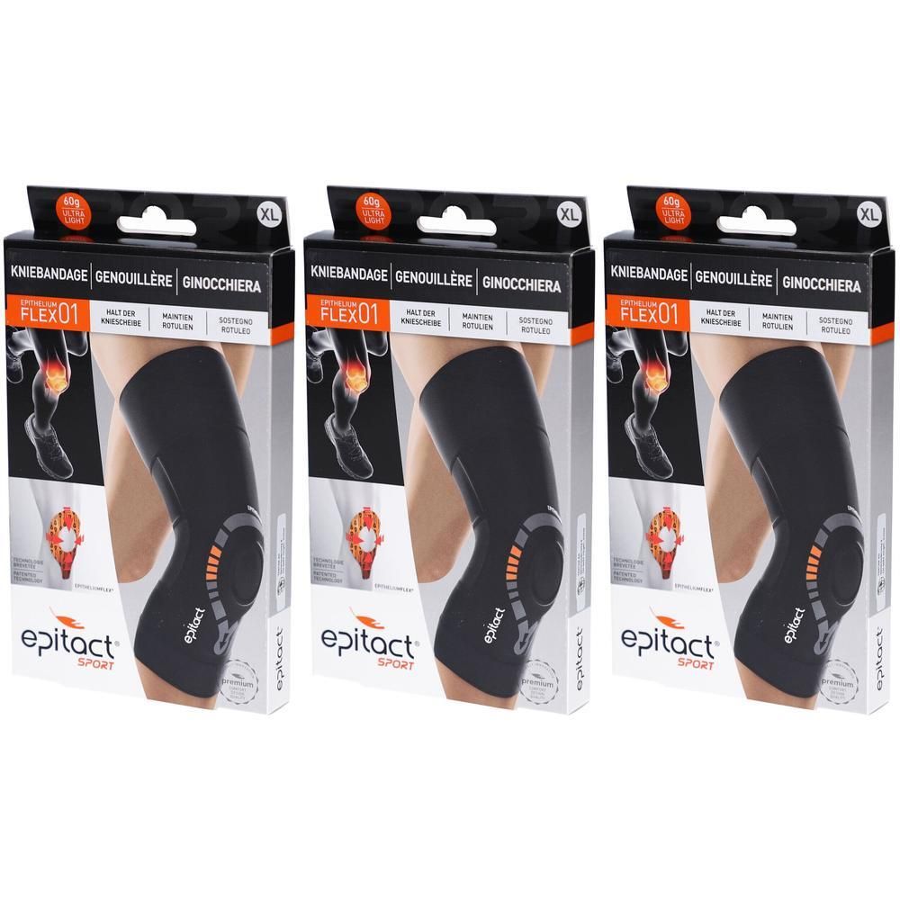 Drei Epitact Sport Kniebandagen Flex01 in XL-Größe, verpackt in Einzelhandelsboxen mit Produktabbildungen.